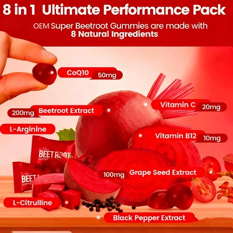 Factory Supply Adult Beet Root Gummies with CoQ10 | Heart Energy & Immune Support | Chewable Vitamin Supplement 2 Gummies Daily