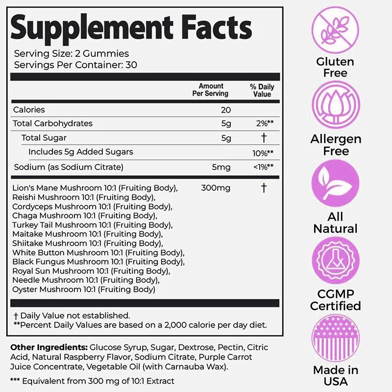 Customized Lion's Mane Mushroom Gummies 60 Count Energy-Boosting Pellet Multivitamin Supplements Natural Extract for Adults