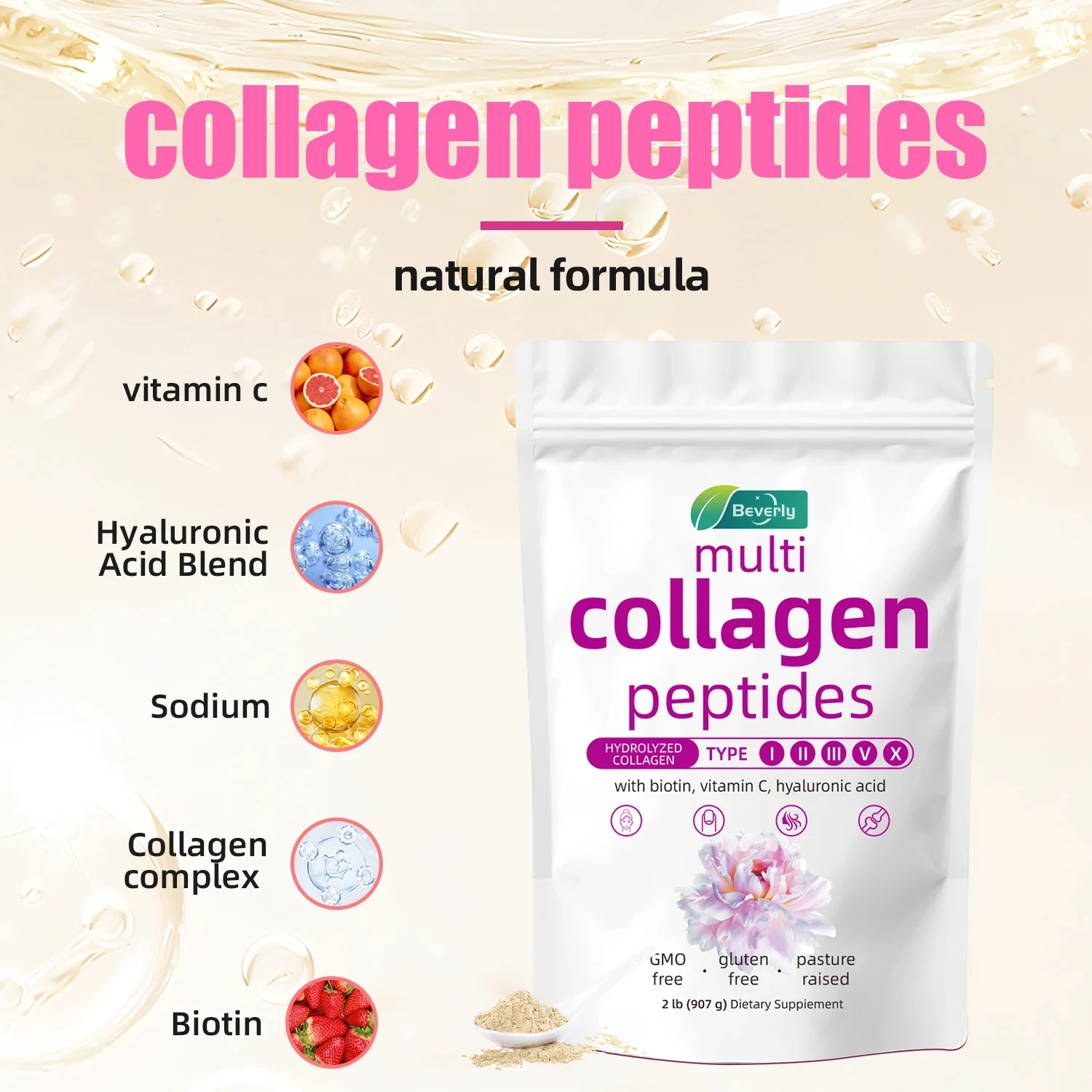 Wholesale Multi Collagen Peptides Powder Biotin Vitamin C Hyaluronic Acid Plant-Based Formula Adult Skin Brightening OEM ODM