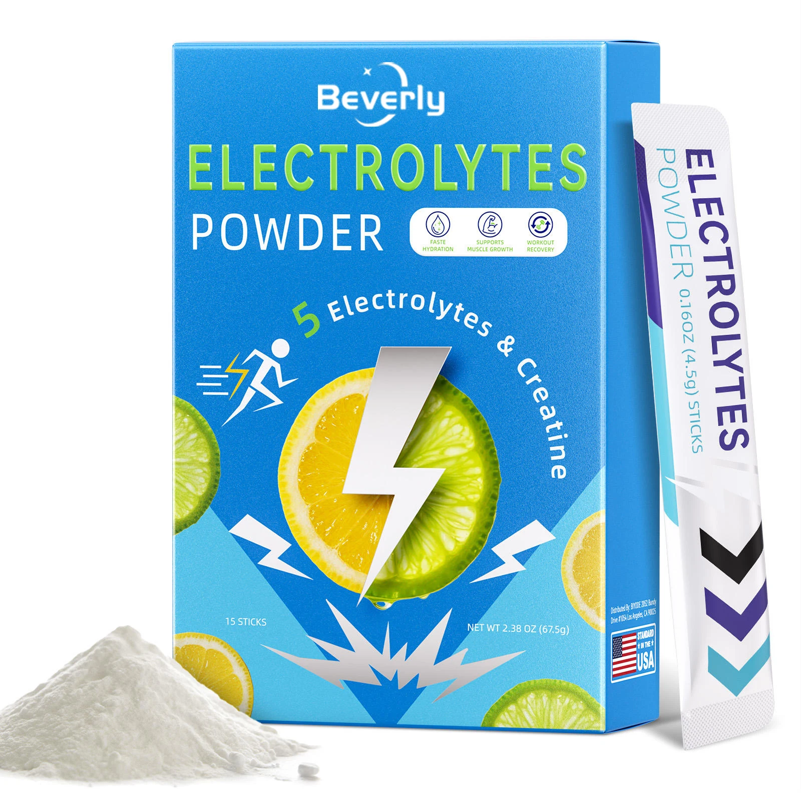 Beverly Electrolyte Powder | 5 Electrolytes Creatine Workout Recovery Endurance Strength | 15 Sticks Fast Absorption Adult Sugar