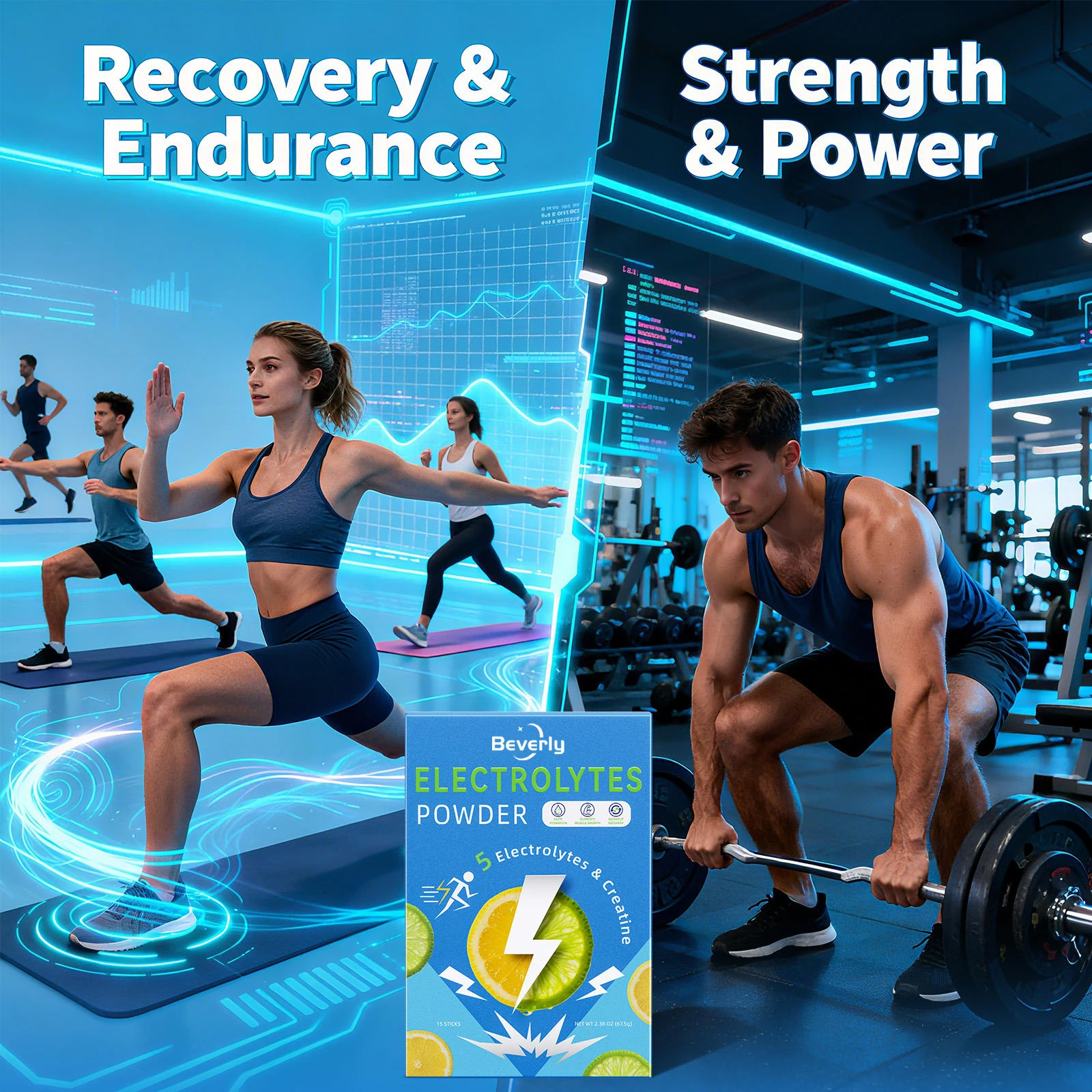 Beverly Electrolyte Powder | 5 Electrolytes Creatine Workout Recovery Endurance Strength | 15 Sticks Fast Absorption Adult Sugar