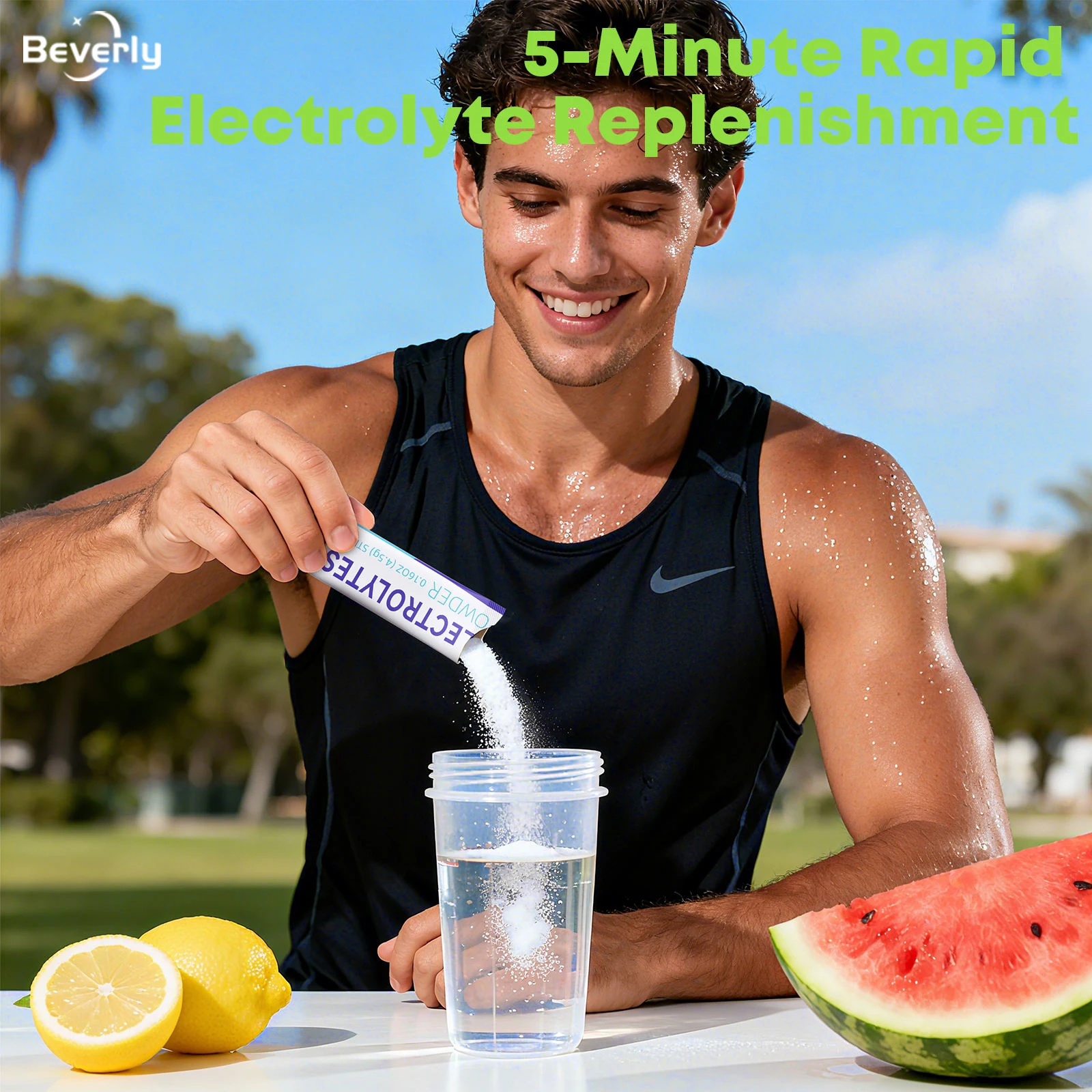 Beverly Electrolyte Powder | 5 Electrolytes Creatine Workout Recovery Endurance Strength | 15 Sticks Fast Absorption Adult Sugar