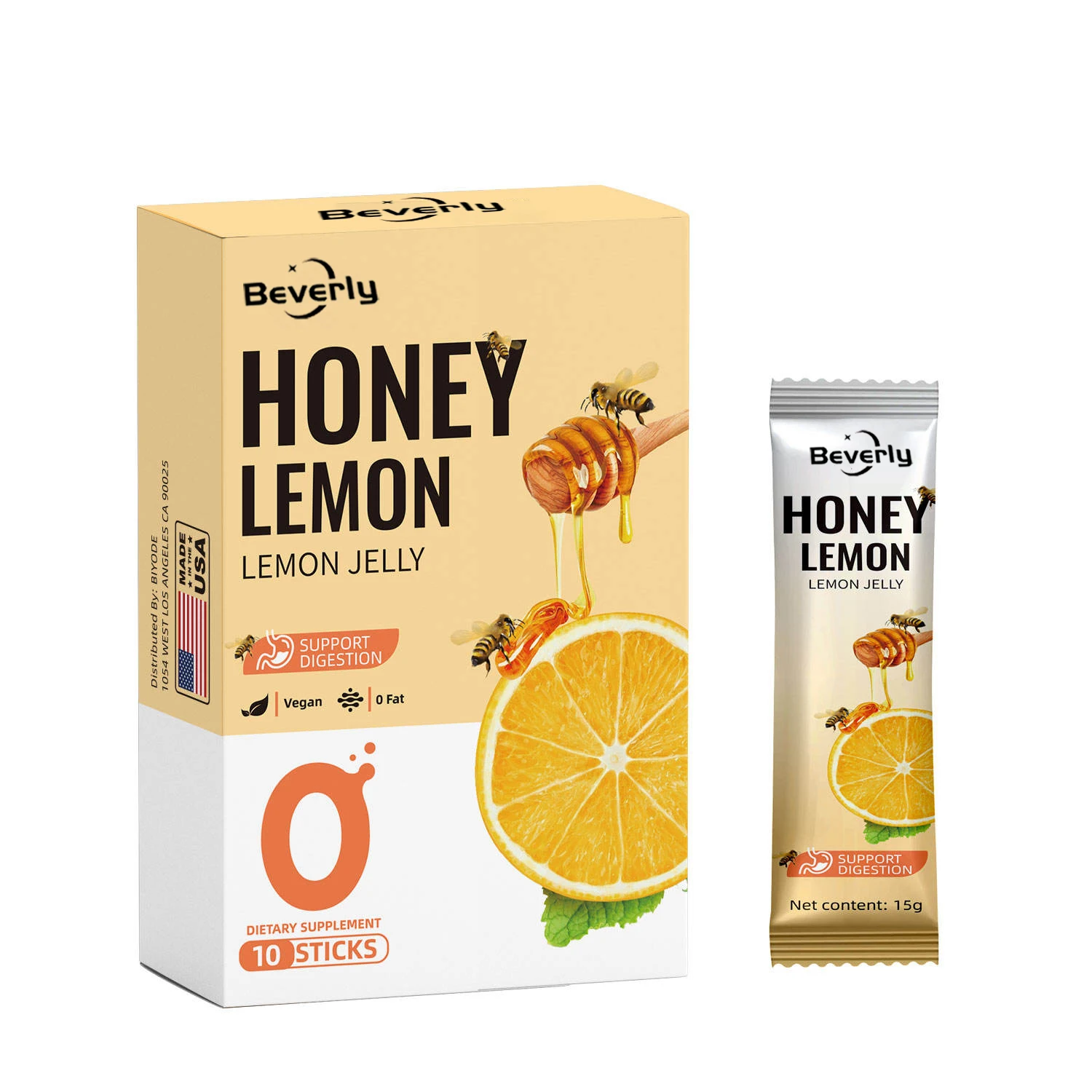 Beverly Honey Lemon Jelly Sticks-Natural Flavor Digestive Support Antioxidant Immune Support | Vegan 0 Fat | Adult | OEM/ODM
