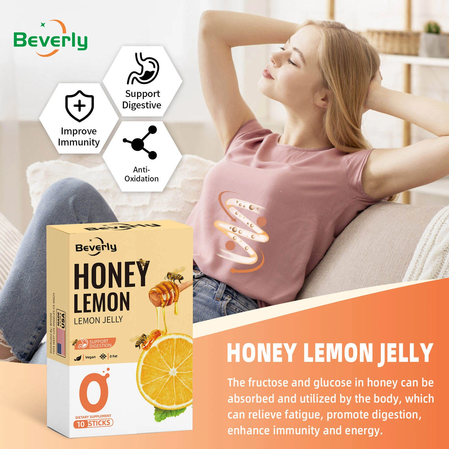 Beverly Honey Lemon Jelly Sticks-Natural Flavor Digestive Support Antioxidant Immune Support | Vegan 0 Fat | Adult | OEM/ODM