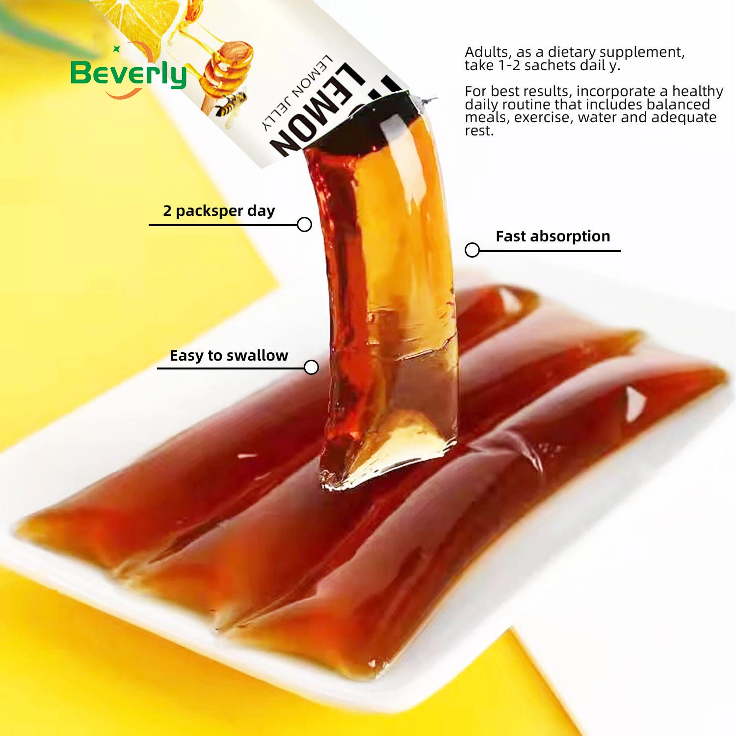 Beverly Honey Lemon Jelly Sticks-Natural Flavor Digestive Support Antioxidant Immune Support | Vegan 0 Fat | Adult | OEM/ODM
