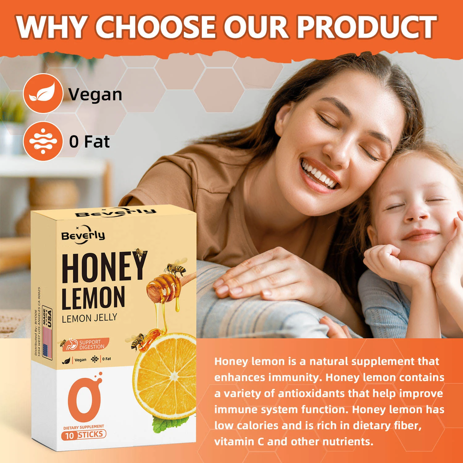 Beverly Honey Lemon Jelly Sticks-Natural Flavor Digestive Support Antioxidant Immune Support | Vegan 0 Fat | Adult | OEM/ODM