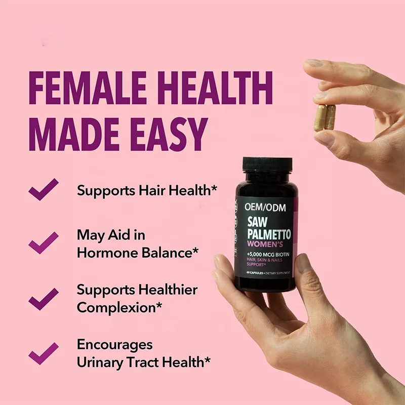OEM Saw Palmetto Extract Capsules for Female Regulate Hormone Balance Support Urinary Tract Health & Hair Growth