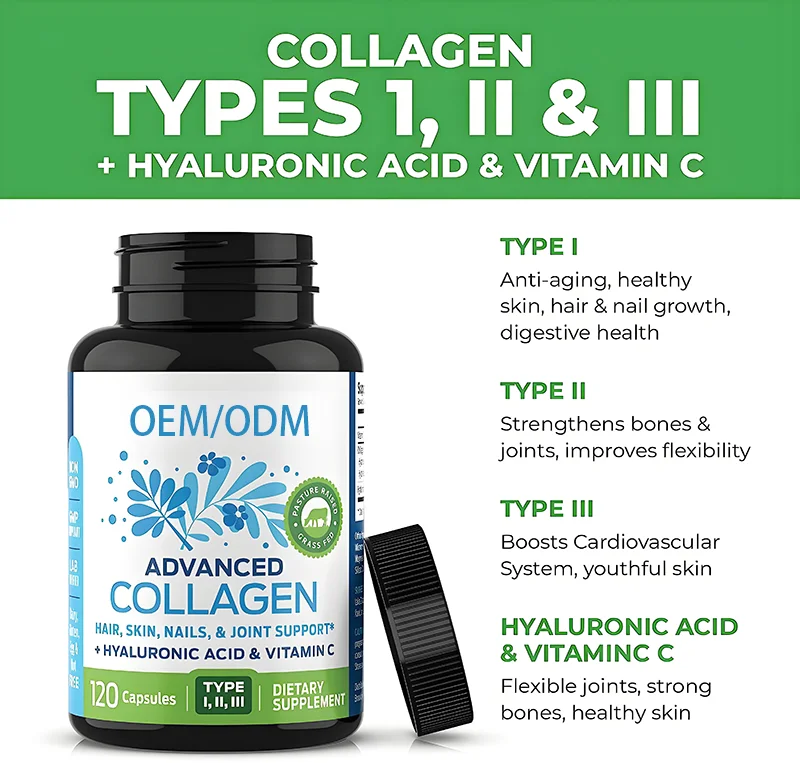 OEM/ODM Multi-Collagen Capsules with Hyaluronic Acid & Vitamin C Skin Hair Nail Bones Joints Support for Adults
