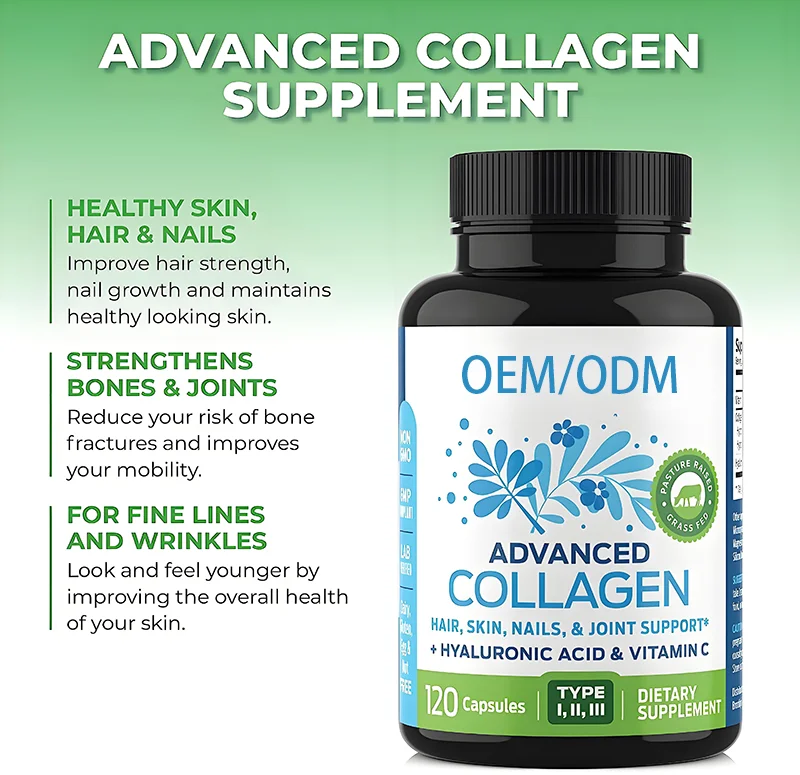 OEM/ODM Multi-Collagen Capsules with Hyaluronic Acid & Vitamin C Skin Hair Nail Bones Joints Support for Adults