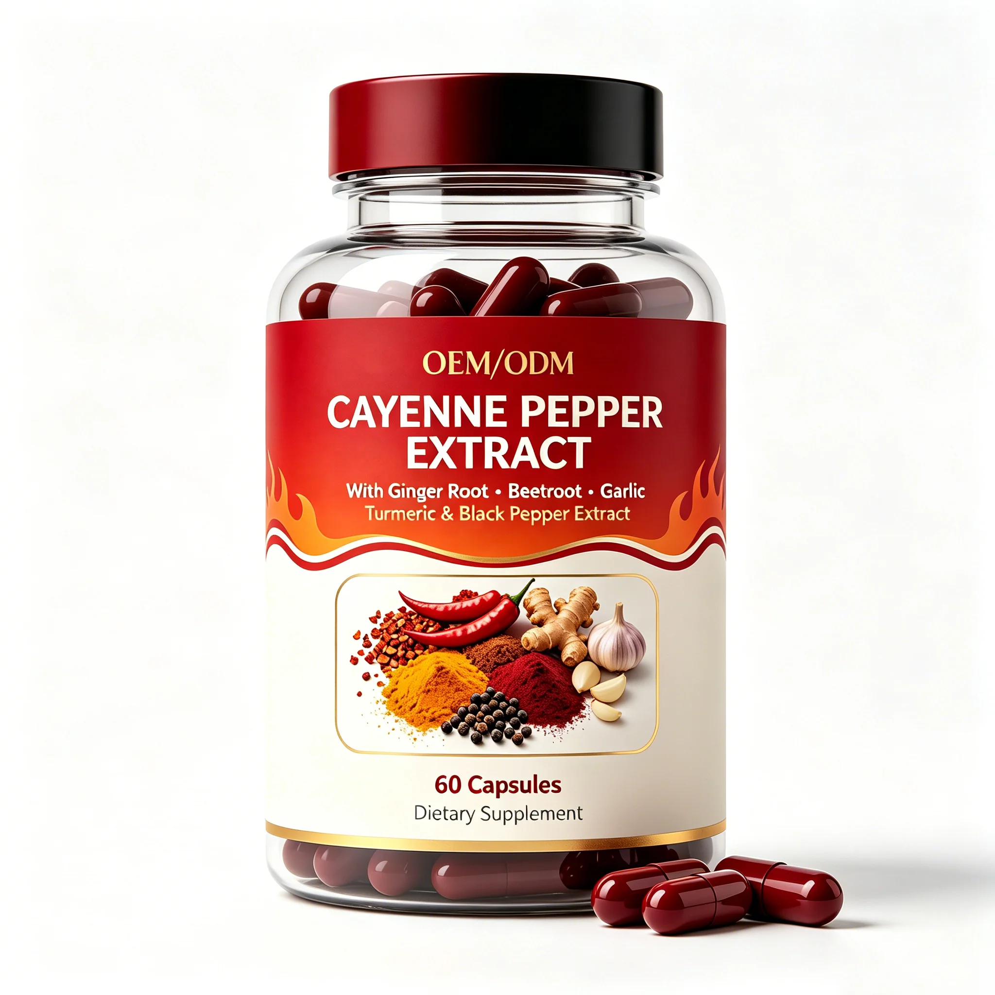 OEM Cayenne Pepper Capsules with Ginger Garlic Turmeric BeetRoot Support Metabolism & Circulatory Health Herbal Supplements