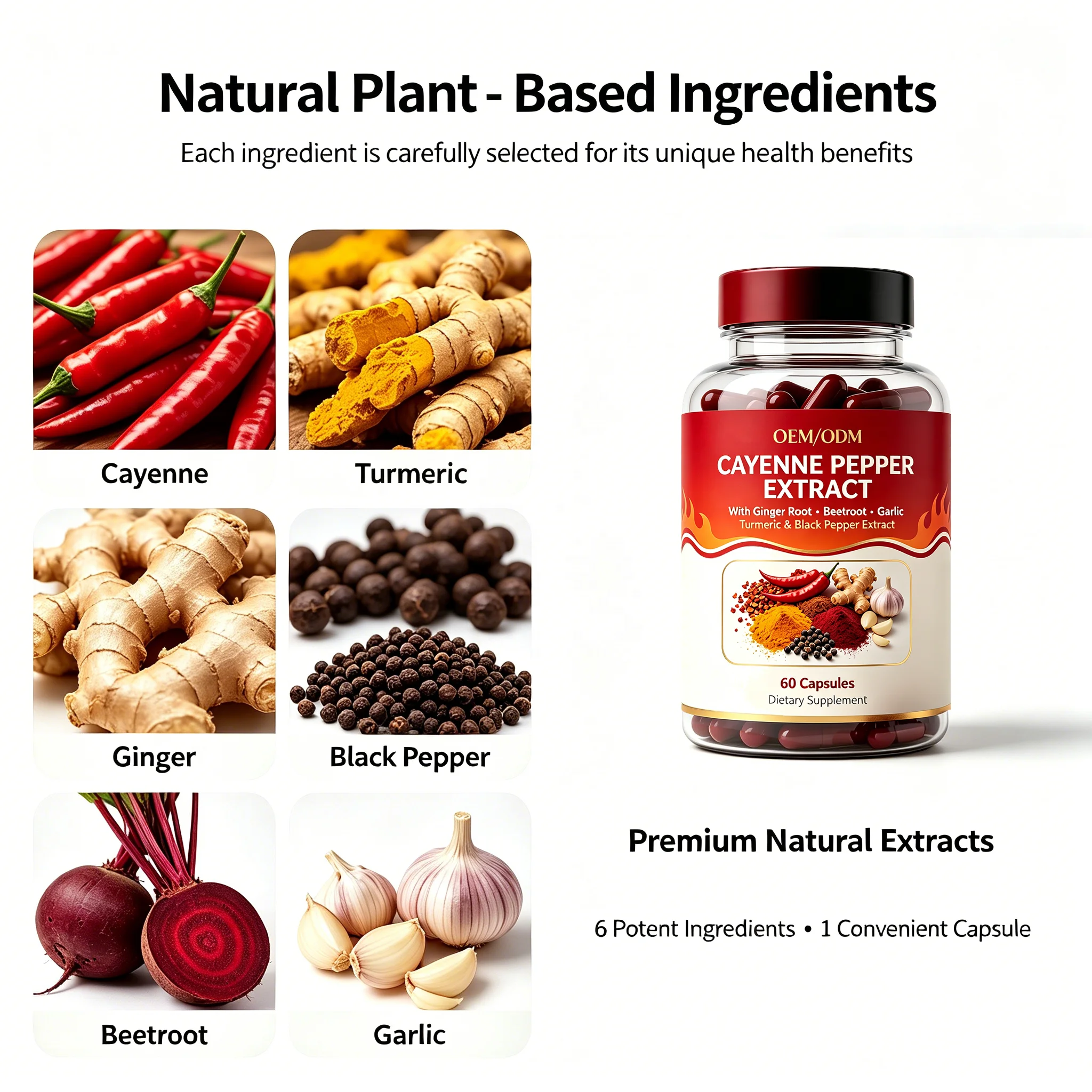 OEM Cayenne Pepper Capsules with Ginger Garlic Turmeric BeetRoot Support Metabolism & Circulatory Health Herbal Supplements