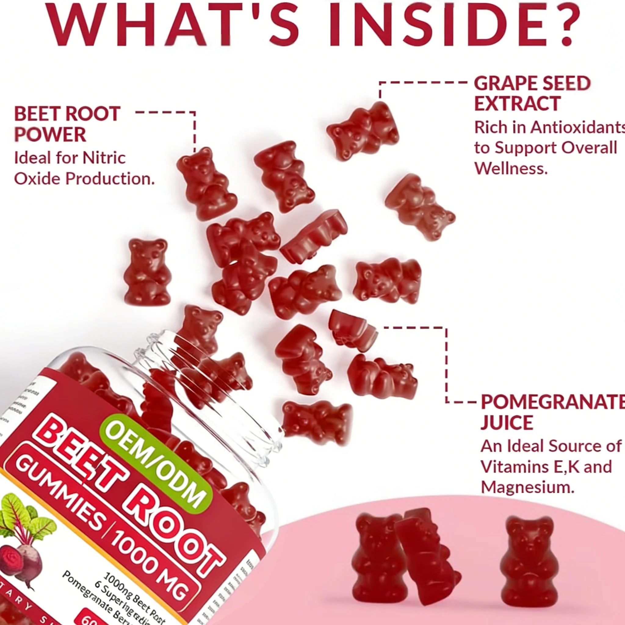Private Label Custom Beetroot Gummies with Grape Seed Extract Herbal Supplement Boost Energy & Heart Health Dietary Supplement