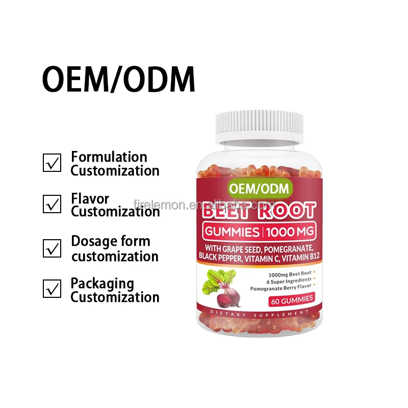 OEM Beetroot Gummies Sugar Free Chew Gummy with Grape Seeds Vitamin C Nitric Oxide Boosters for Men Women