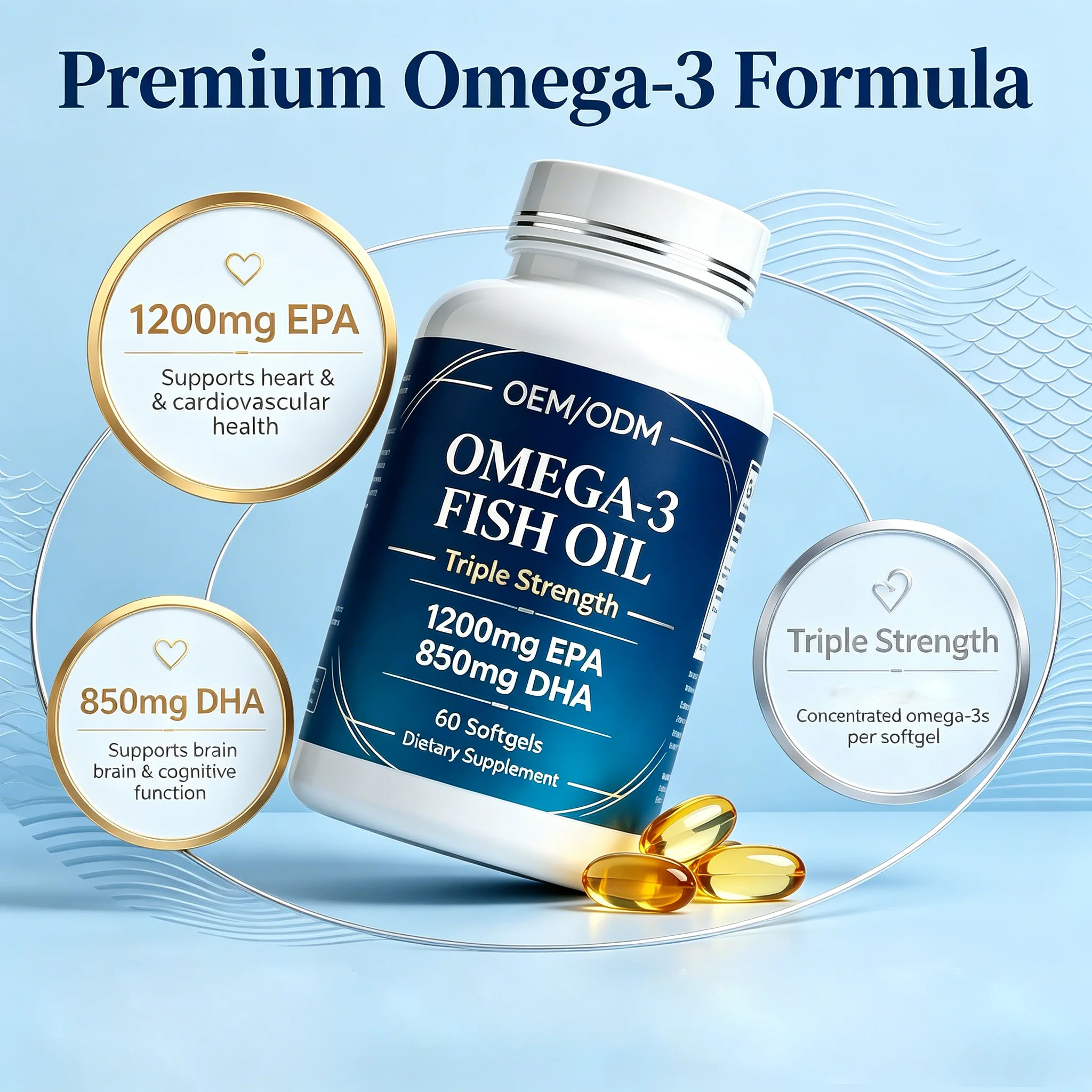 OEM Premium Omega-3 Fish Oil Soft Capsules Support Heart Brain Health EPA DHA 60 Softgels Dietary Supplement for Adults