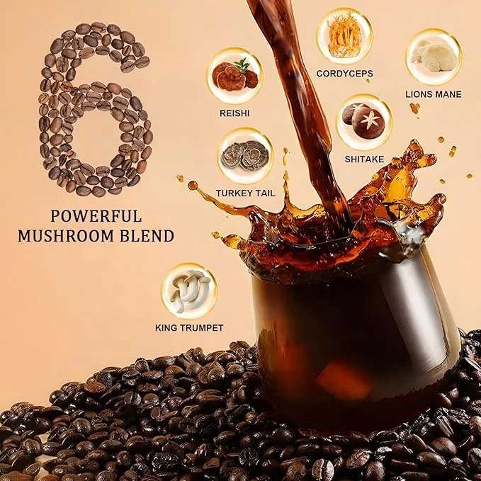 OEM Adaptogenic 6 Mushrooms Lion's Mane Reishi Blend Instant Coffee Powder for Mental Focus Immune Support Digestion