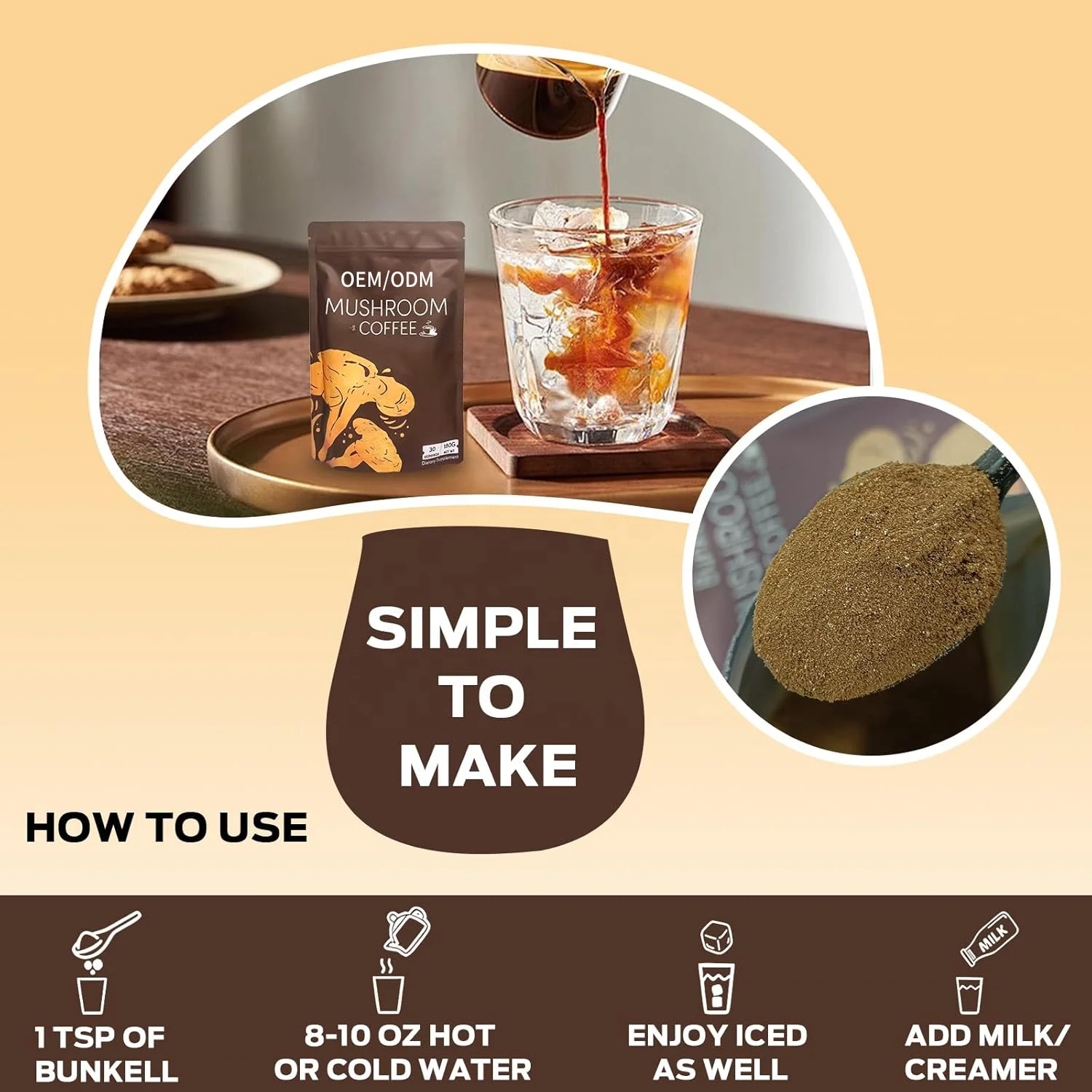 OEM Adaptogenic 6 Mushrooms Lion's Mane Reishi Blend Instant Coffee Powder for Mental Focus Immune Support Digestion