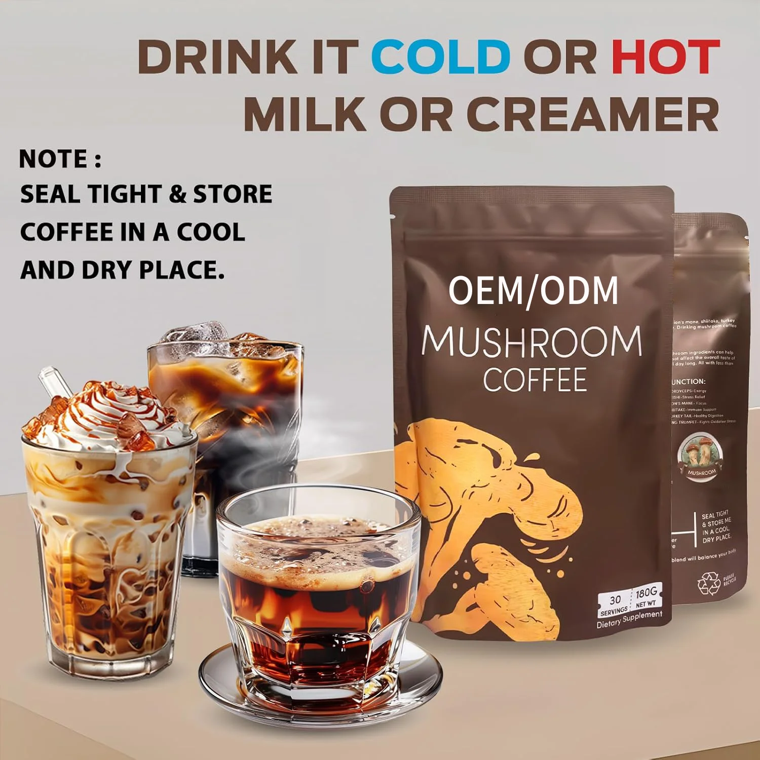 OEM Adaptogenic 6 Mushrooms Lion's Mane Reishi Blend Instant Coffee Powder for Mental Focus Immune Support Digestion