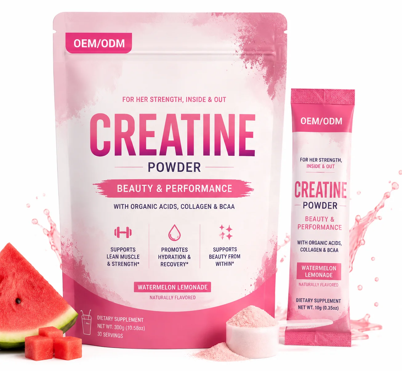 OEM ODM High Potency Women's Creatine Powder 5g with Collagen & BCAA Hydration Supplement Vegan Bulk