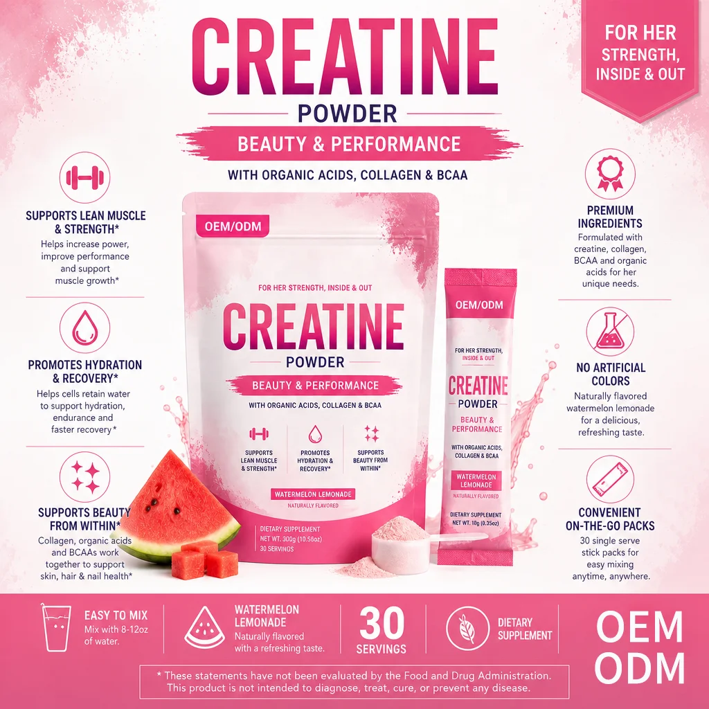 OEM ODM High Potency Women's Creatine Powder 5g with Collagen & BCAA Hydration Supplement Vegan Bulk