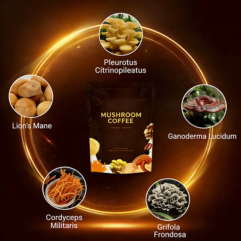 OEM Premium Mushroom Blend Coffee Powder Instant Coffee with Lion's Mane Reishi GMP Certified for Energy & Fatigue Reduction