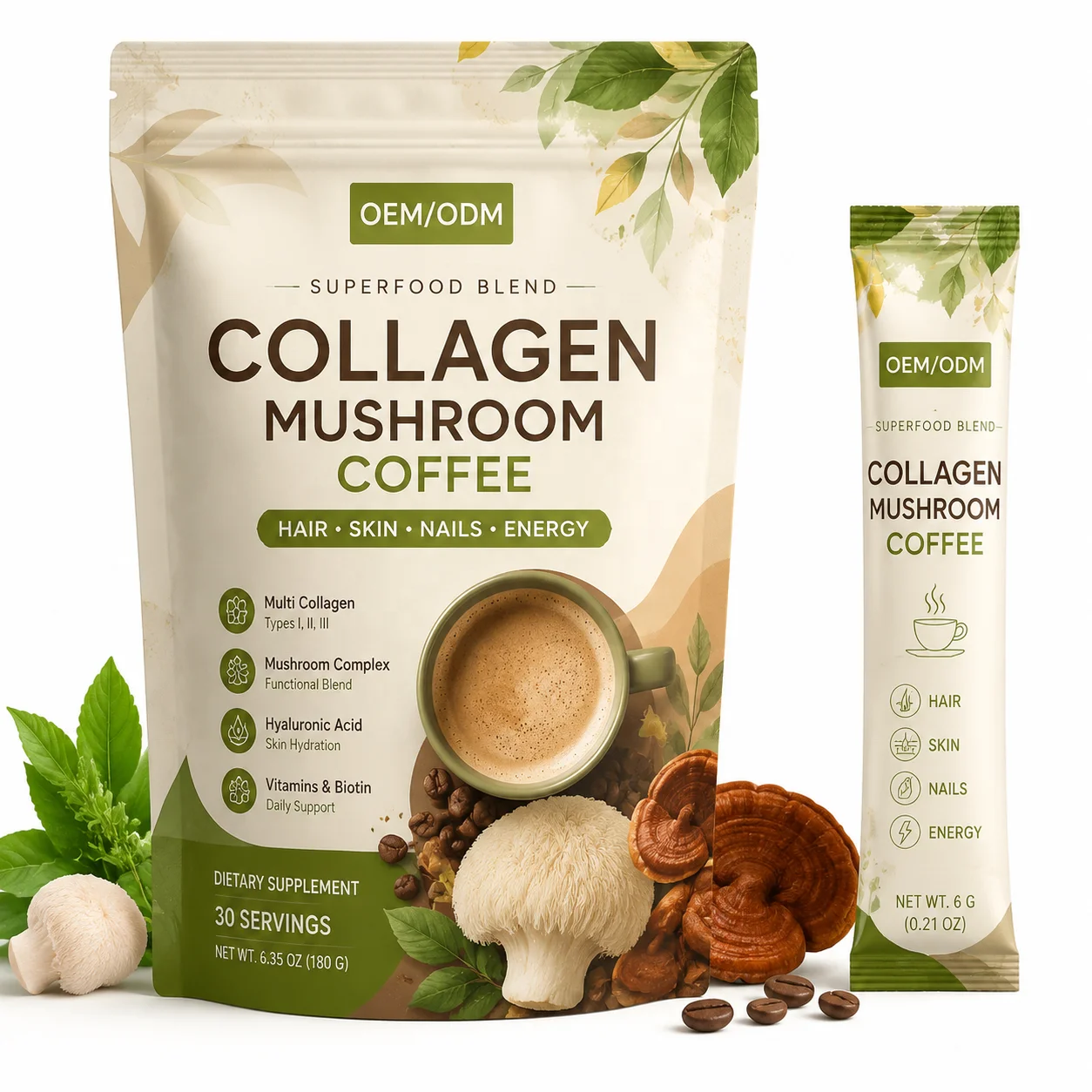 OEM Mushroom Collagen Coffee Reishi Lions Mane Powder for Skin Nails Joints Energy Focus Private Label Instant Coffee