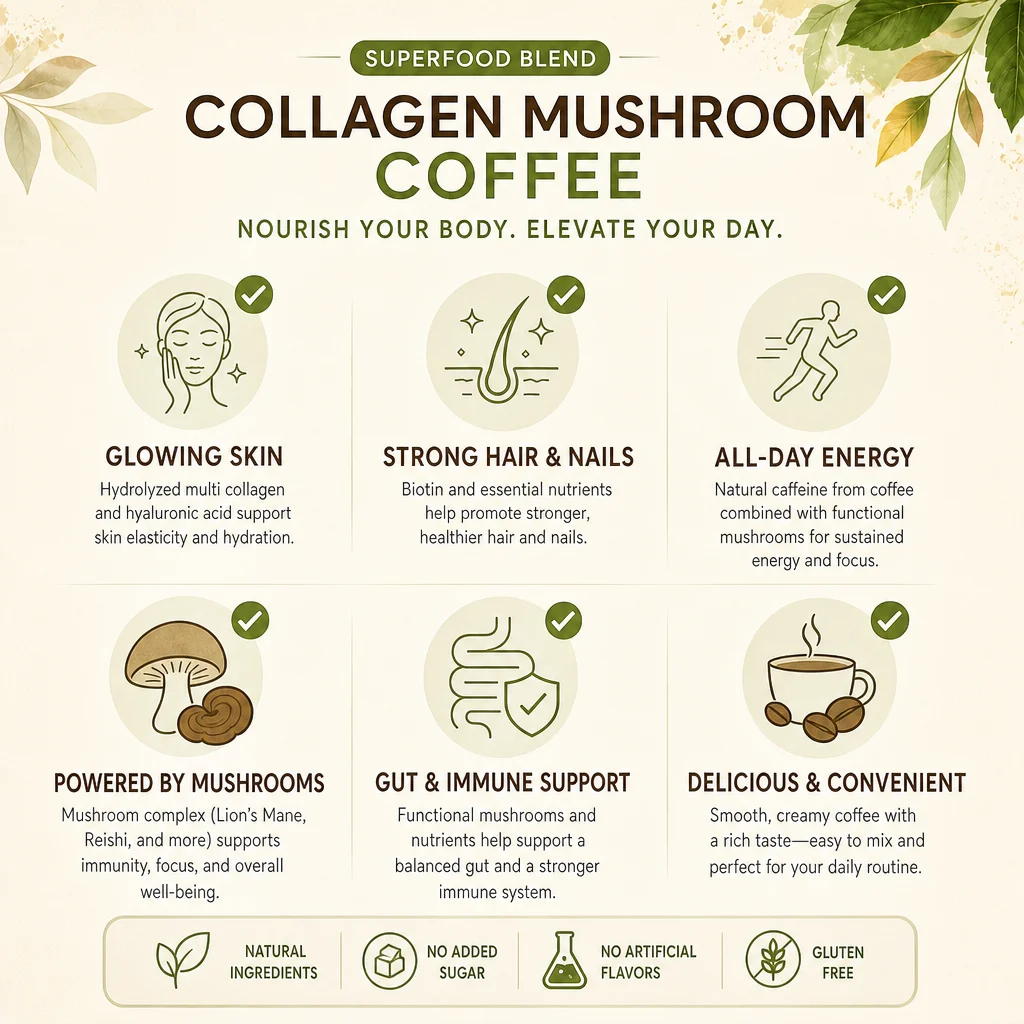 OEM Mushroom Collagen Coffee Reishi Lions Mane Powder for Skin Nails Joints Energy Focus Private Label Instant Coffee