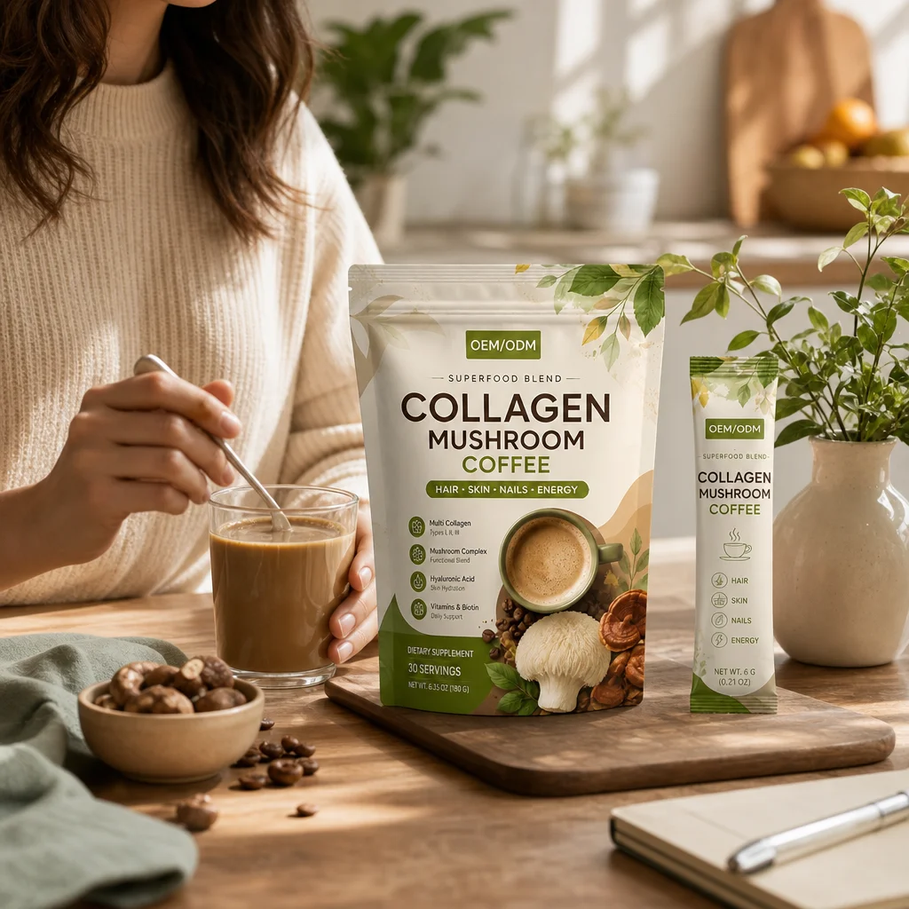 OEM Mushroom Collagen Coffee Reishi Lions Mane Powder for Skin Nails Joints Energy Focus Private Label Instant Coffee