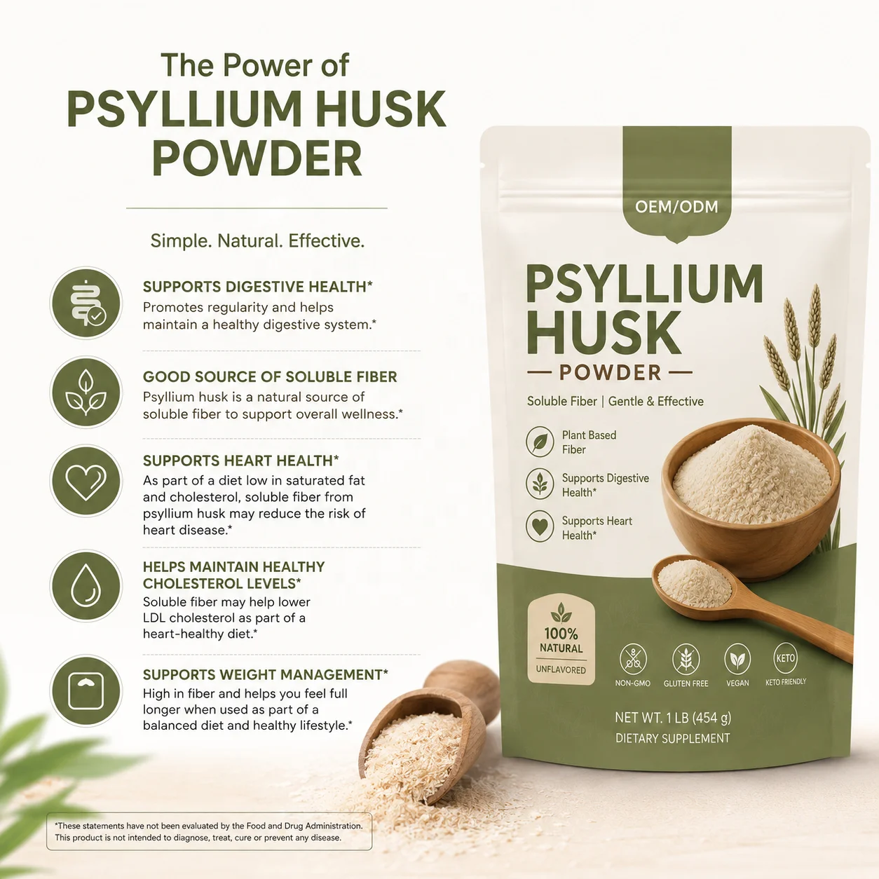 Psyllium Husk Powder Plantago Ovata Husk Extract for Fiber Digestion Mixes Easily with Juice & Smoothies