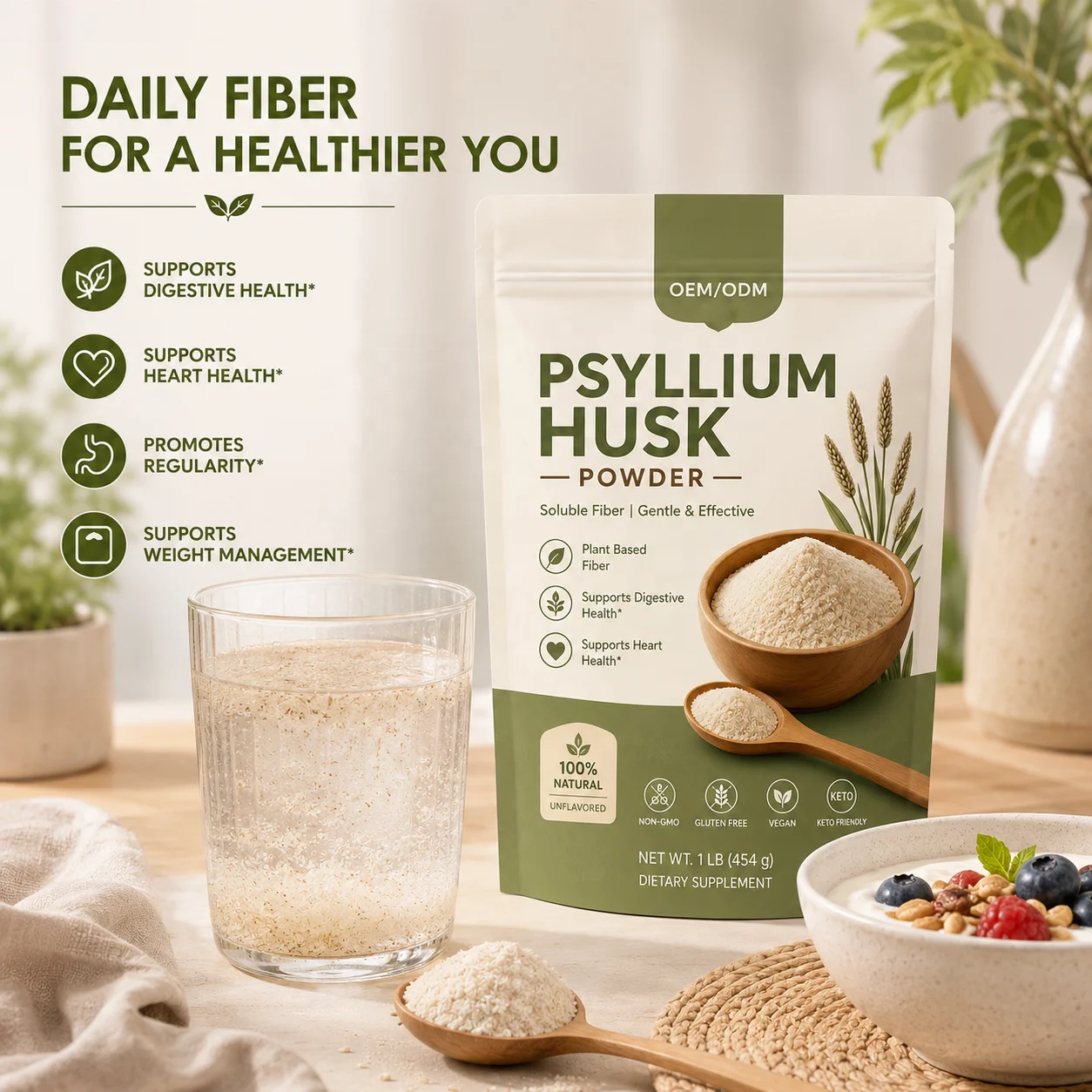 Psyllium Husk Powder Plantago Ovata Husk Extract for Fiber Digestion Mixes Easily with Juice & Smoothies