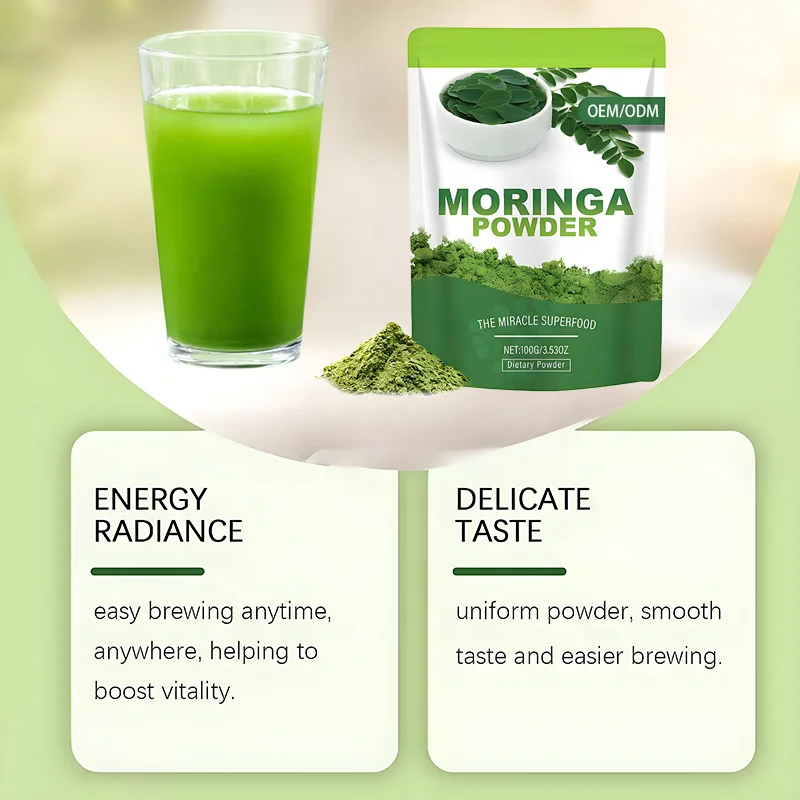 OEM Moringa Leaf Powder Rich in Antioxidants & Immune Vitamins Green Superfoods Vegan Perfect for Smoothies Drinks Tea