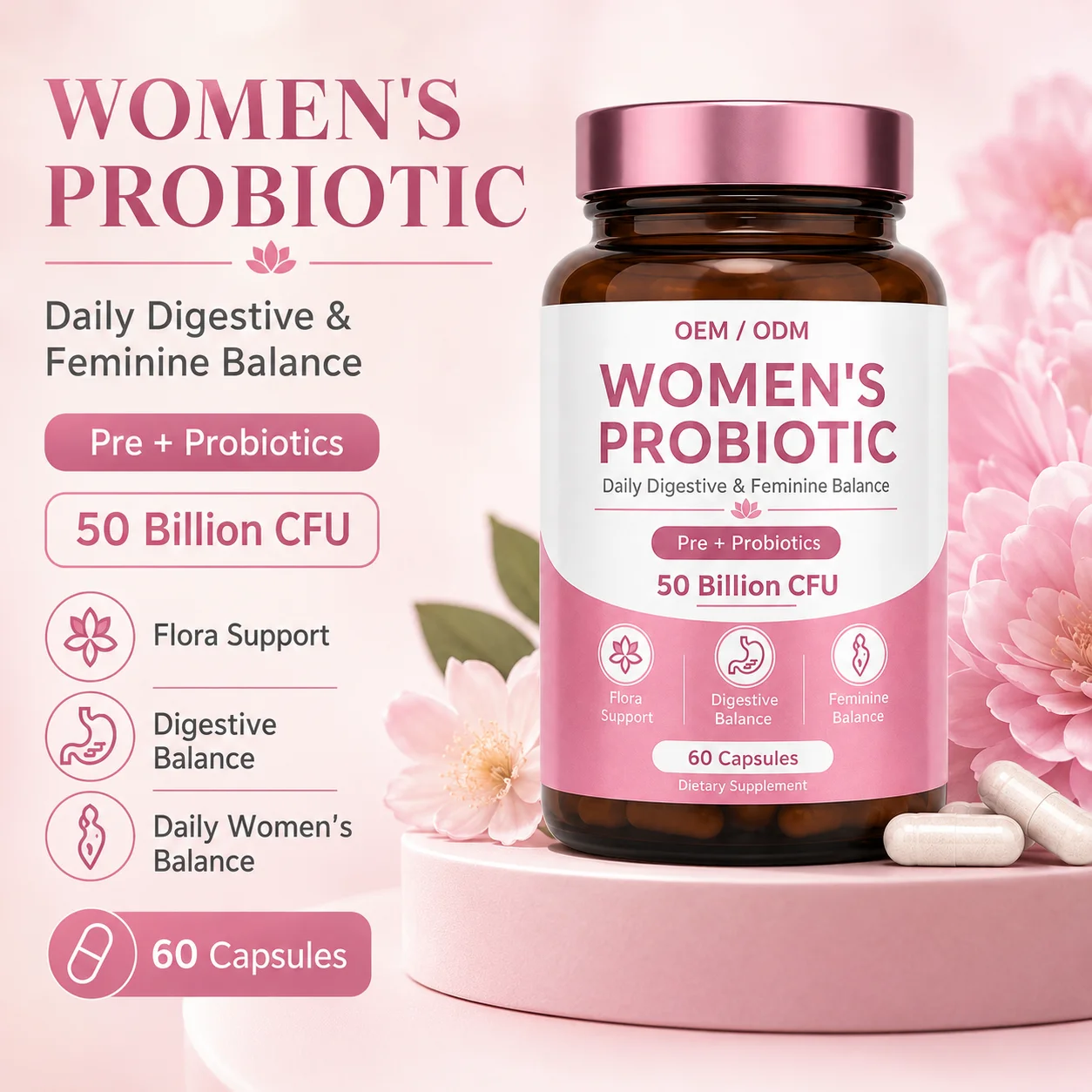 Greenpie Private Label OEM Women's Probiotic Capsules Prebiotic Vaginal Probiotics Capsules Supplement