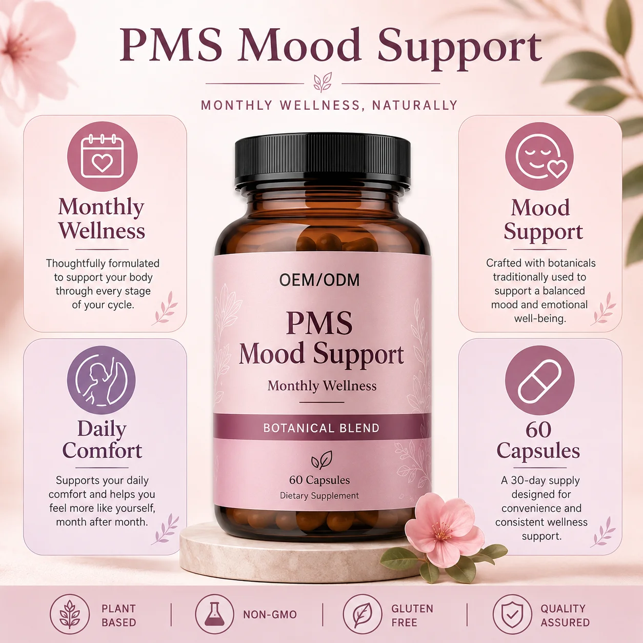Greenpie OEM PMS Herbs Extracted Improve Menstrual Mood Provide Sleep Support Containing Vitamins PMS Mood Support Capsules