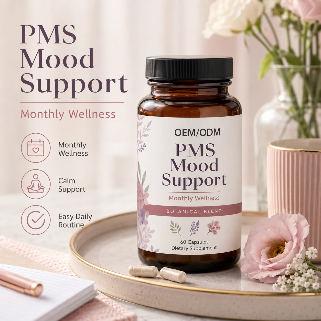 Greenpie OEM PMS Herbs Extracted Improve Menstrual Mood Provide Sleep Support Containing Vitamins PMS Mood Support Capsules