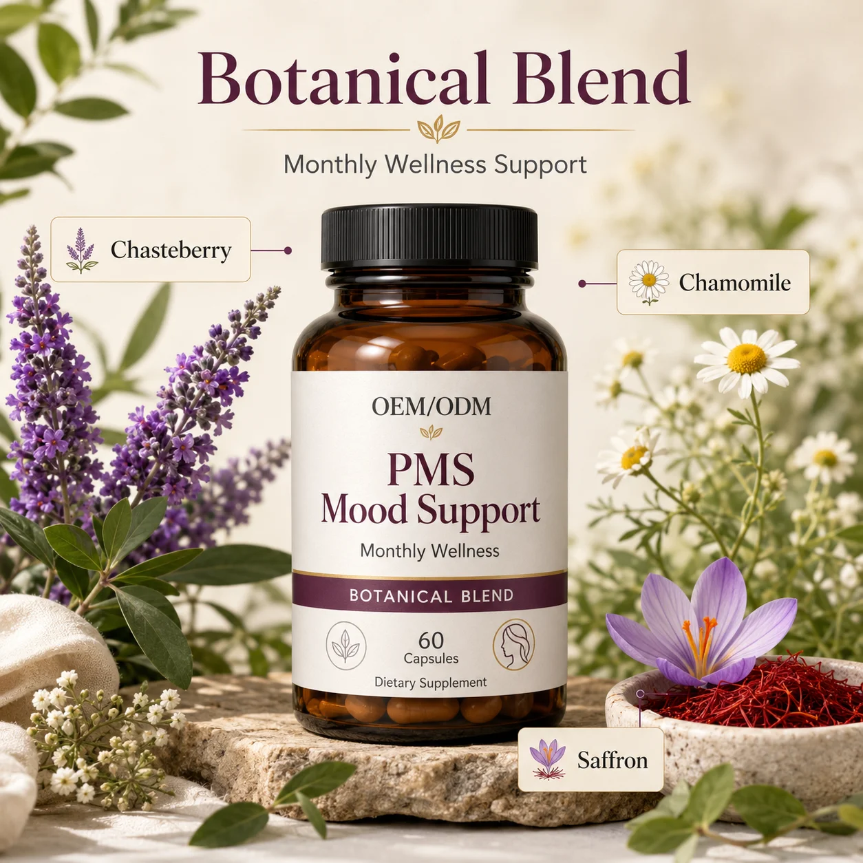 Greenpie OEM PMS Herbs Extracted Improve Menstrual Mood Provide Sleep Support Containing Vitamins PMS Mood Support Capsules