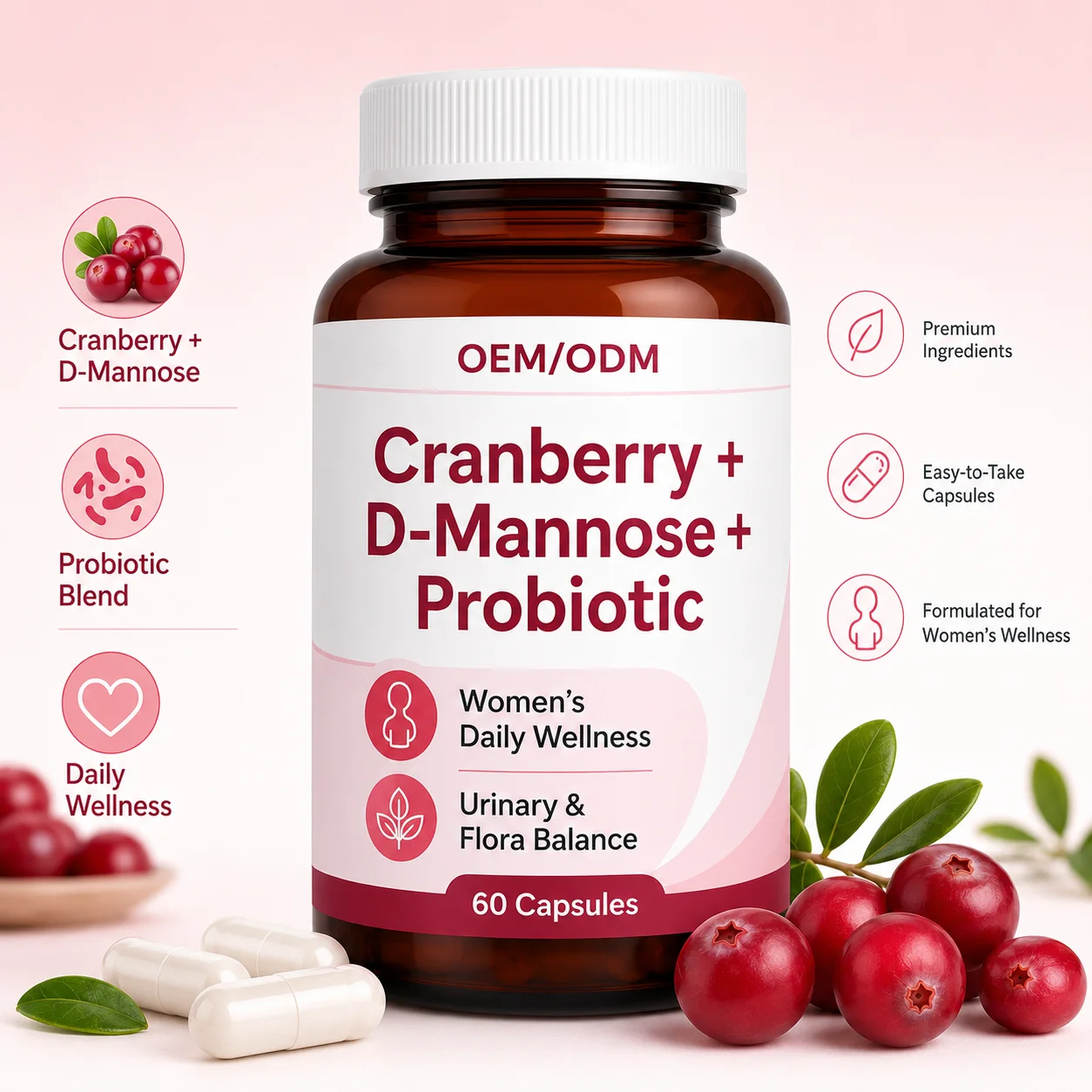 Greenpie OEM Vaginal Probiotic Capsules Cranberry Prebiotics D-Mannose Vitamin C Support Vaginal PH Health Capsules