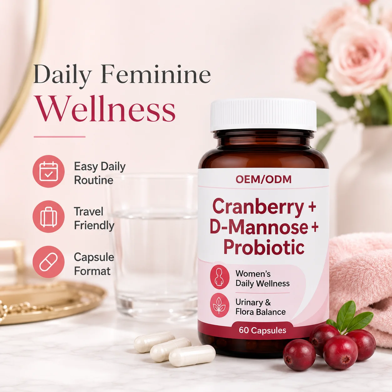 Greenpie OEM Vaginal Probiotic Capsules Cranberry Prebiotics D-Mannose Vitamin C Support Vaginal PH Health Capsules