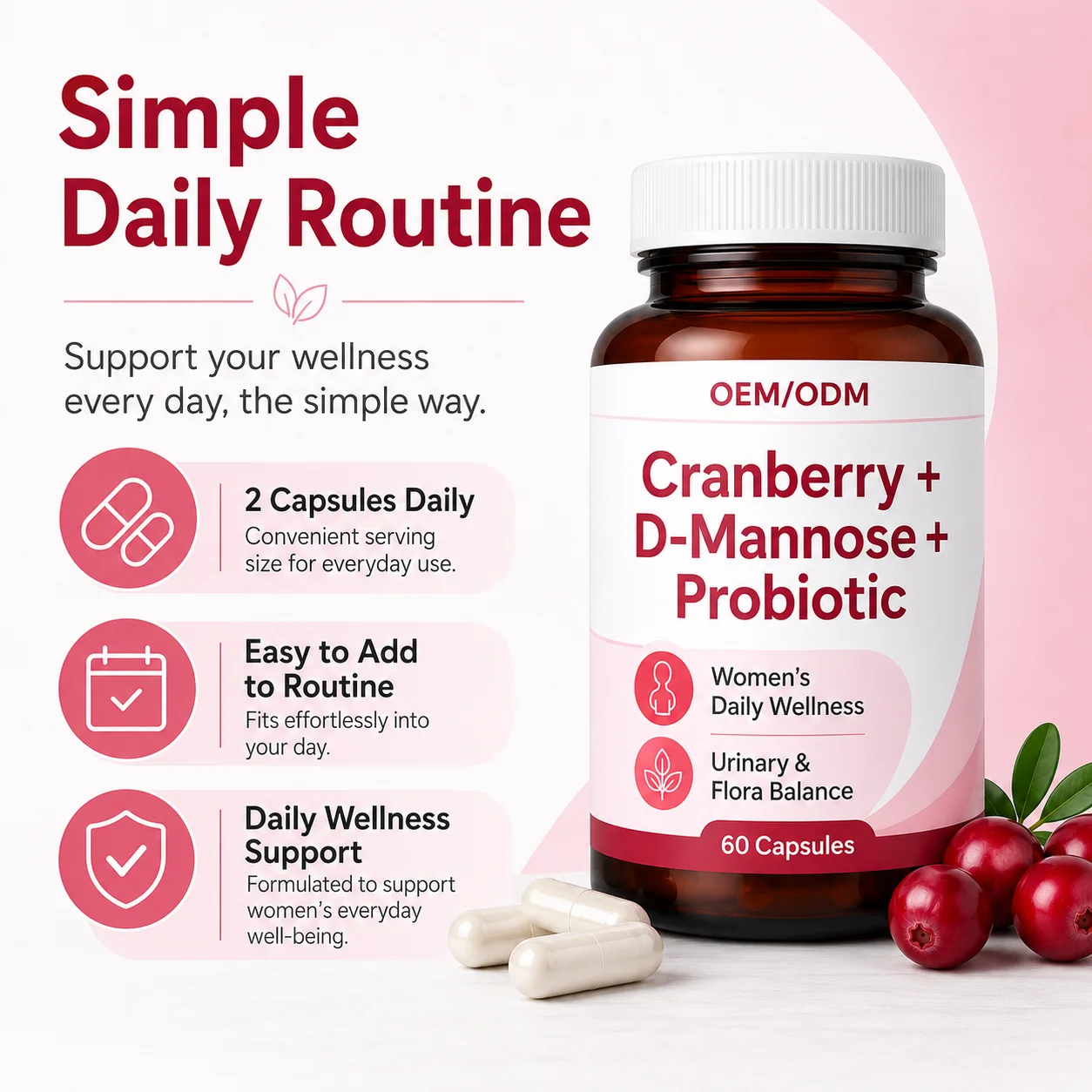 Greenpie OEM Vaginal Probiotic Capsules Cranberry Prebiotics D-Mannose Vitamin C Support Vaginal PH Health Capsules