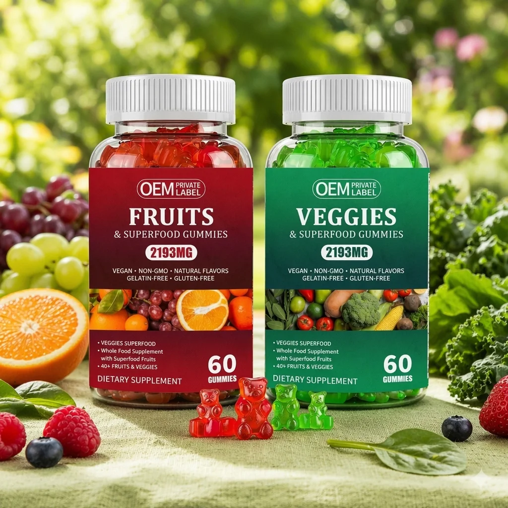 Private Label Natural Fruit and Fresh Vegetable Gummies Vegan Vitamin Gummy Candy Nutritional Supplements for Adult Kids