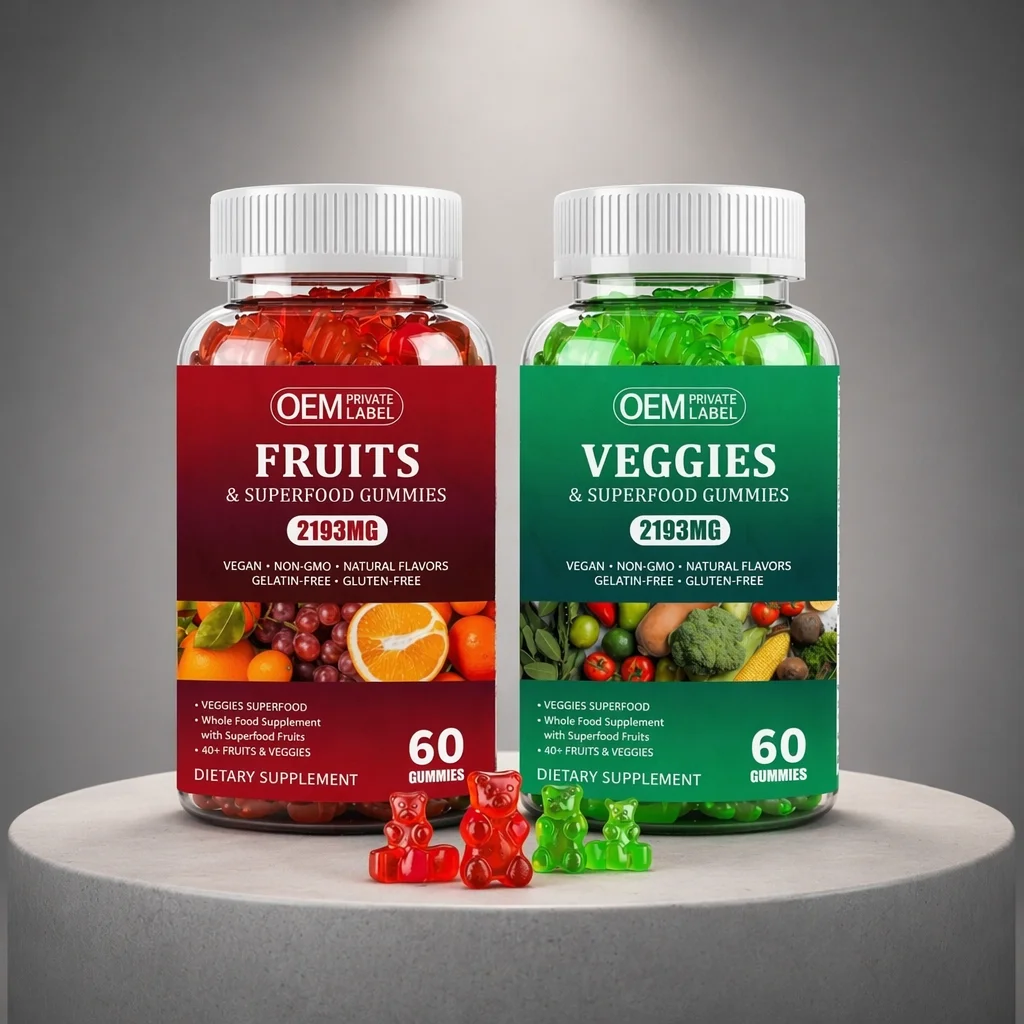Private Label Natural Fruit and Fresh Vegetable Gummies Vegan Vitamin Gummy Candy Nutritional Supplements for Adult Kids