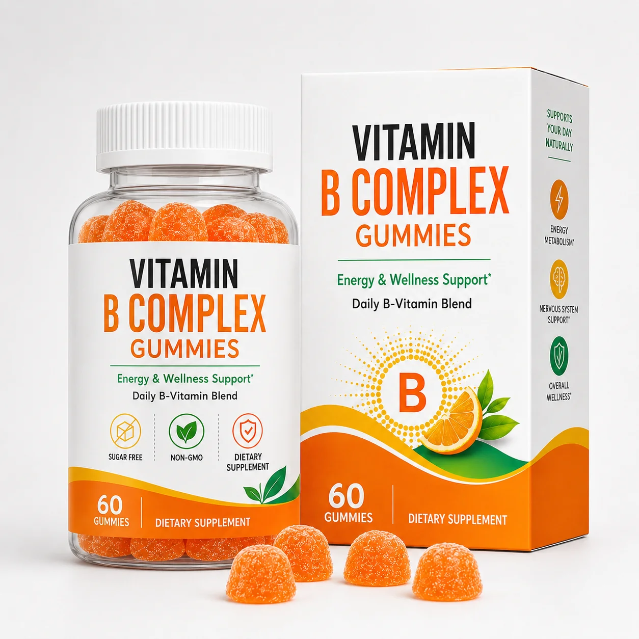 Private Label Vitamin B Complex Gummies Energy & Wellness Support Sugar Free Orange Flavor Gummies Supplement