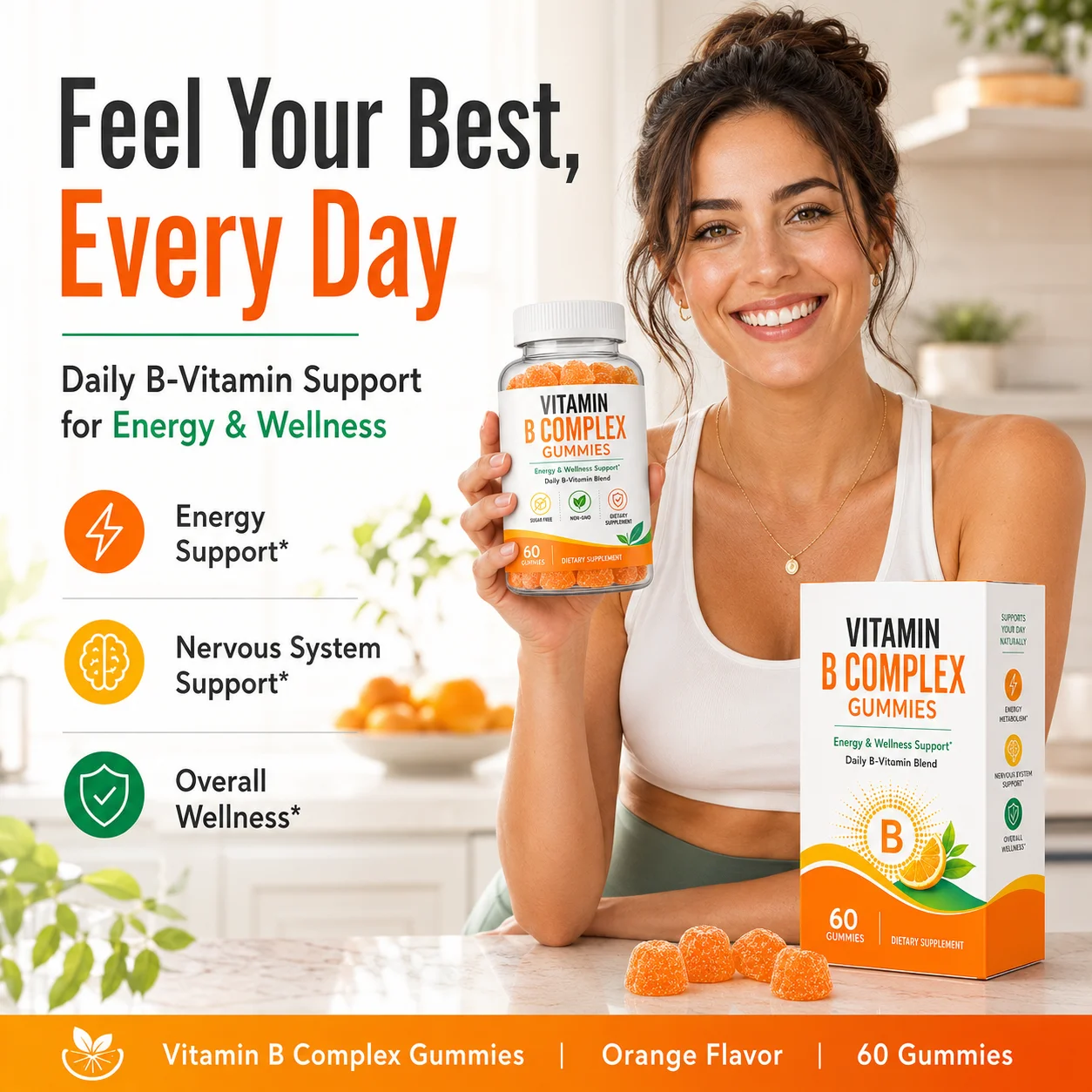 Private Label Vitamin B Complex Gummies Energy & Wellness Support Sugar Free Orange Flavor Gummies Supplement