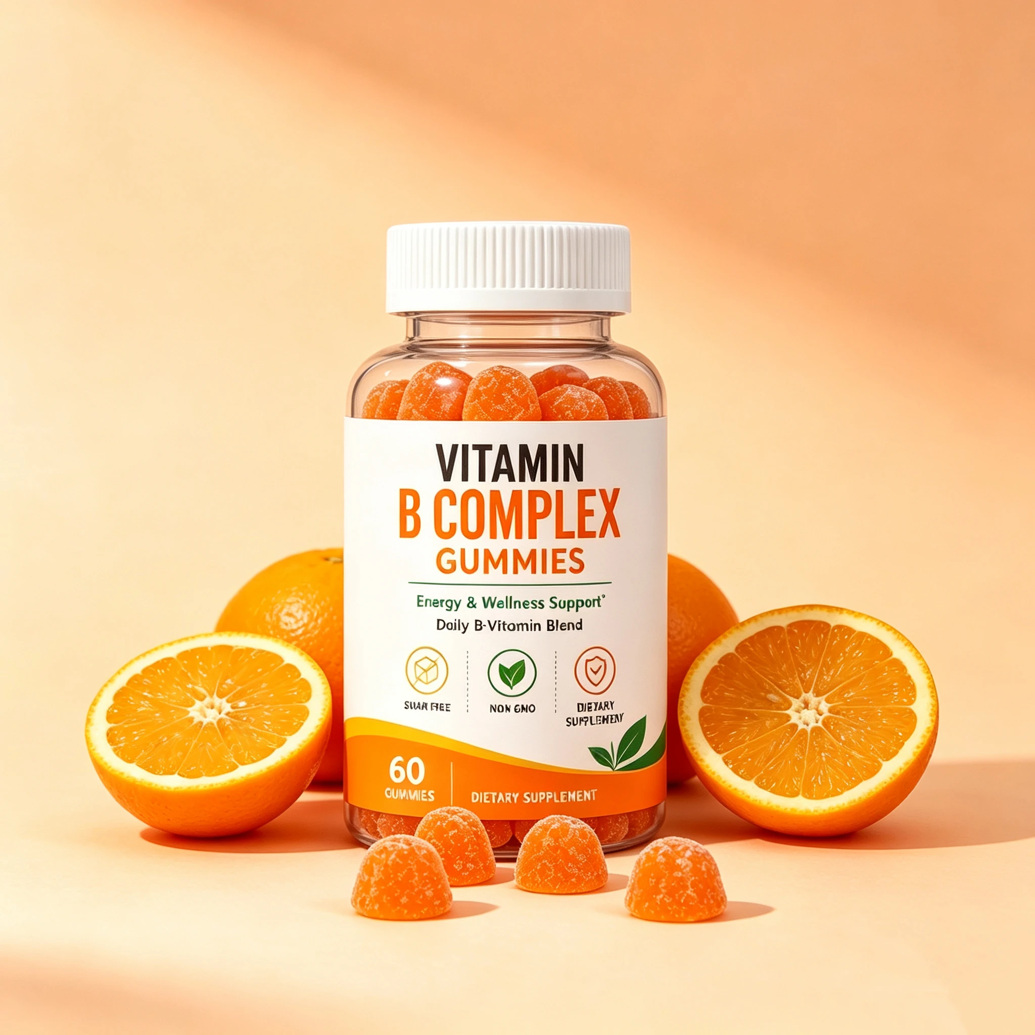 Private Label Vitamin B Complex Gummies Energy & Wellness Support Sugar Free Orange Flavor Gummies Supplement