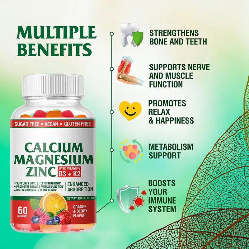 High Quality Vitamin D3 & K2 Calcium Magnesium Zinc Gummies for Kids Adult Vegan Sugar Free Gummies Candy OEM