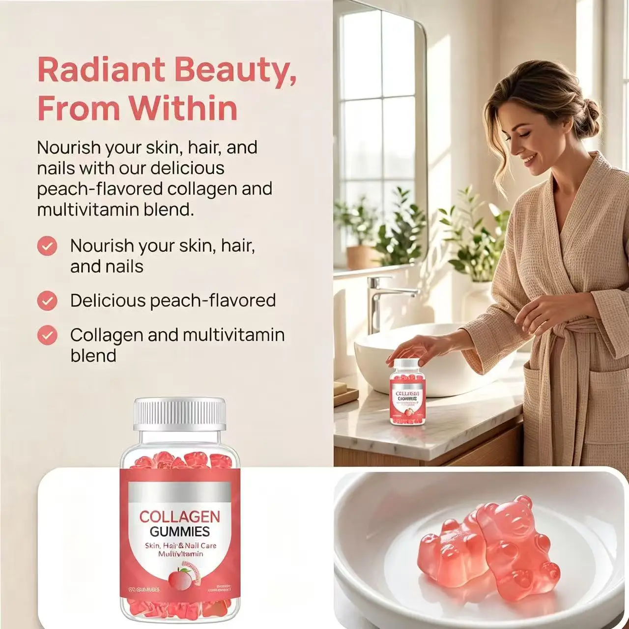 OEM Sugar Free Collagen Gummies Supplement with Multivitamin for Skin Nails Hair Growth Beauty Gummies