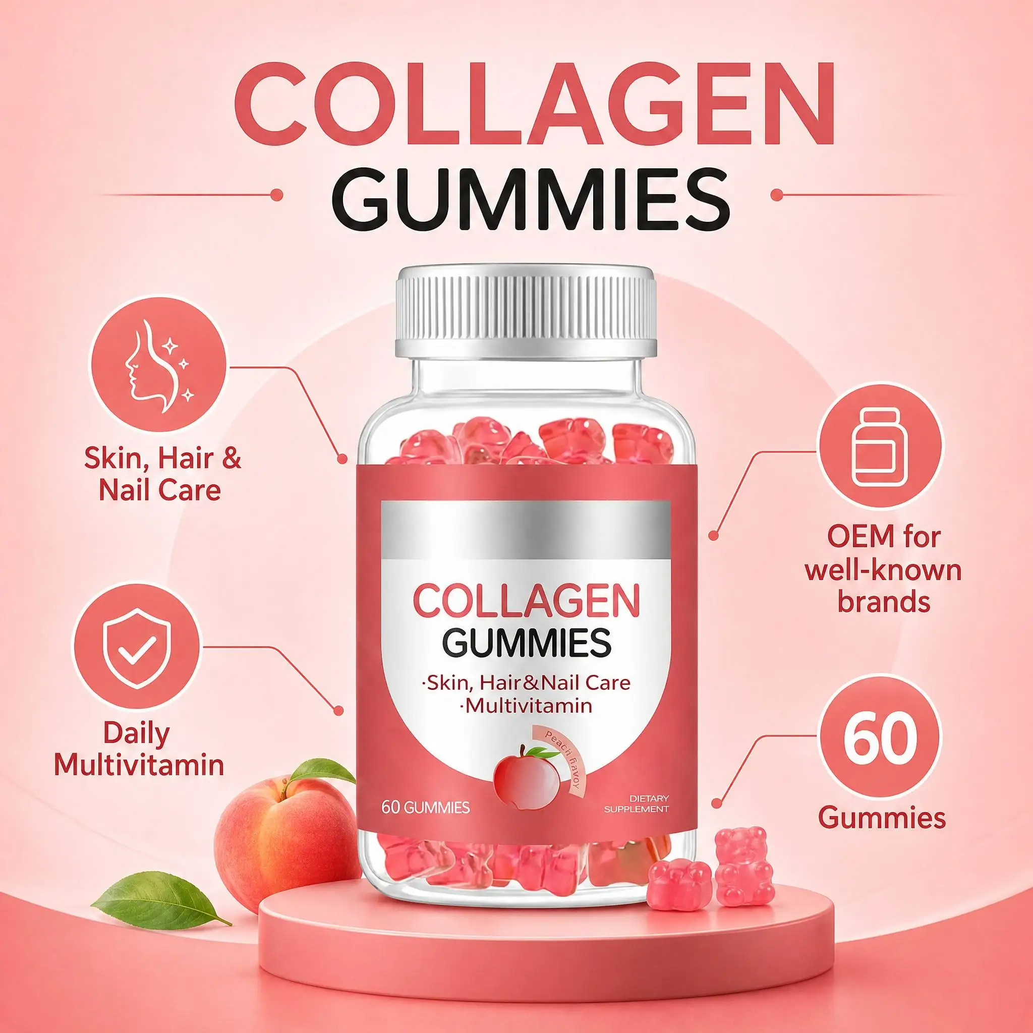 OEM Sugar Free Collagen Gummies Supplement with Multivitamin for Skin Nails Hair Growth Beauty Gummies