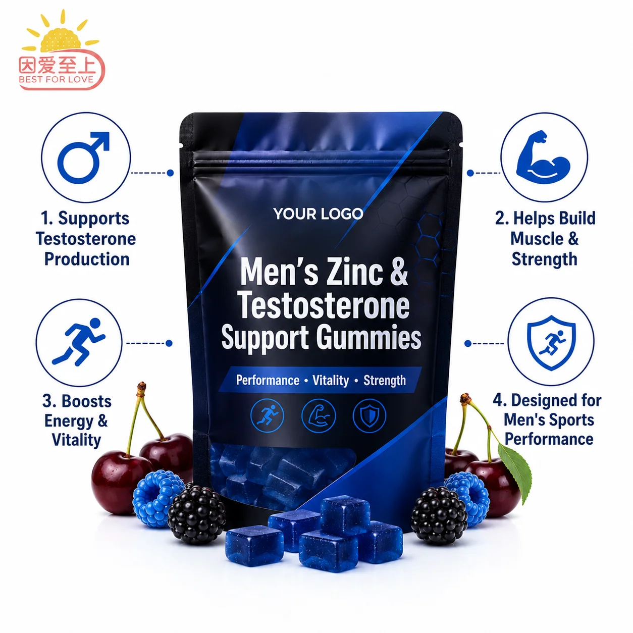 OEM Men's Zinc & Multivitamin Gummies with Vitamin D3 Muscle Build Strength Support Gummies Male Vitality Supplement