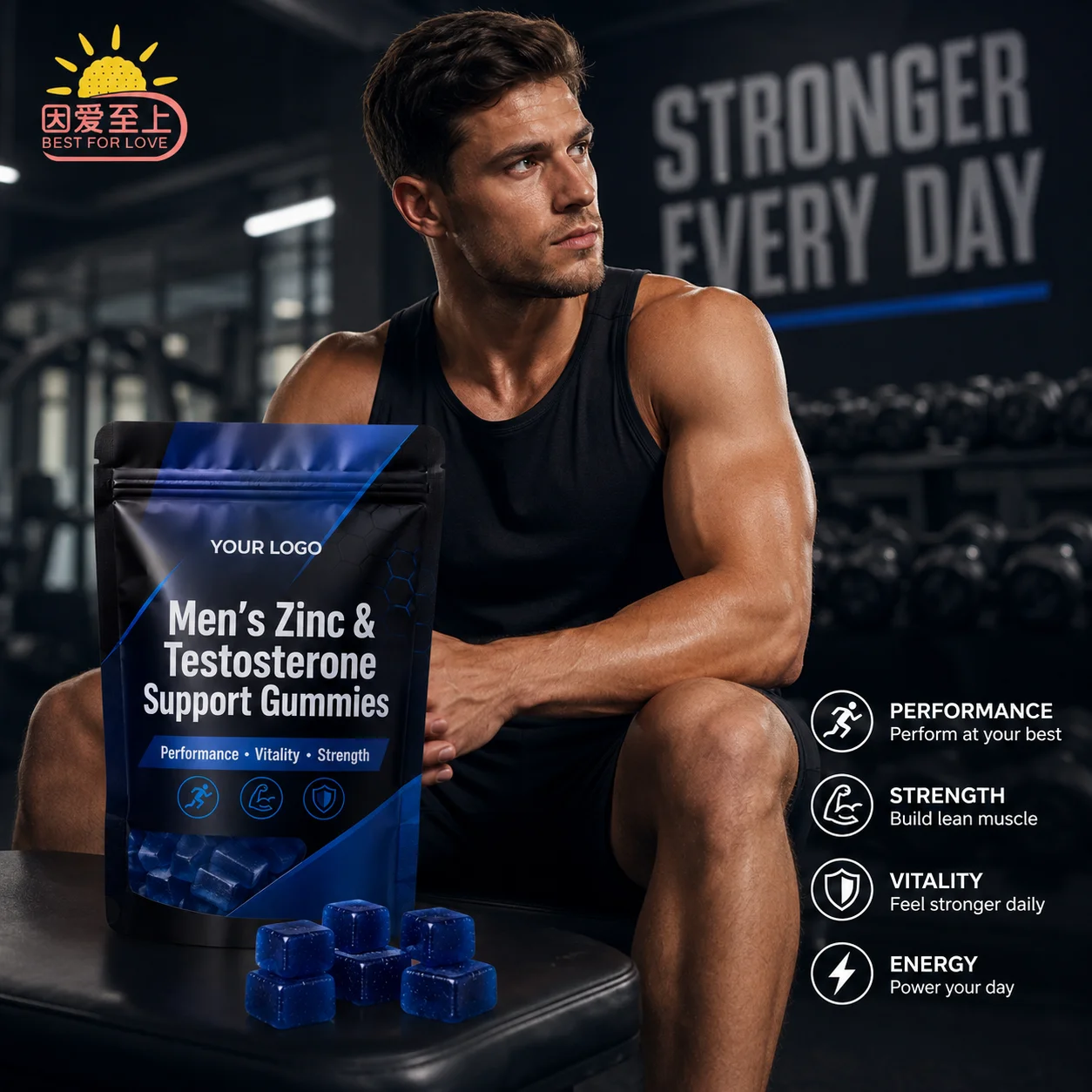 OEM Men's Zinc & Multivitamin Gummies with Vitamin D3 Muscle Build Strength Support Gummies Male Vitality Supplement