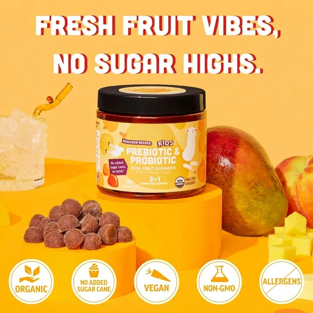 Wholesale Hot Style Prebiotic&Probiotic Kid Gummies mango Peach Flavor Healthy Gummies Vitamins and Supplements