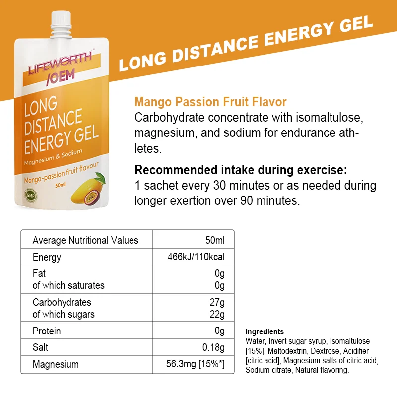LIFEWORTH Long Distance Electrolytes Energy Gel Mango Passion Fruit with Magnesium Sodium