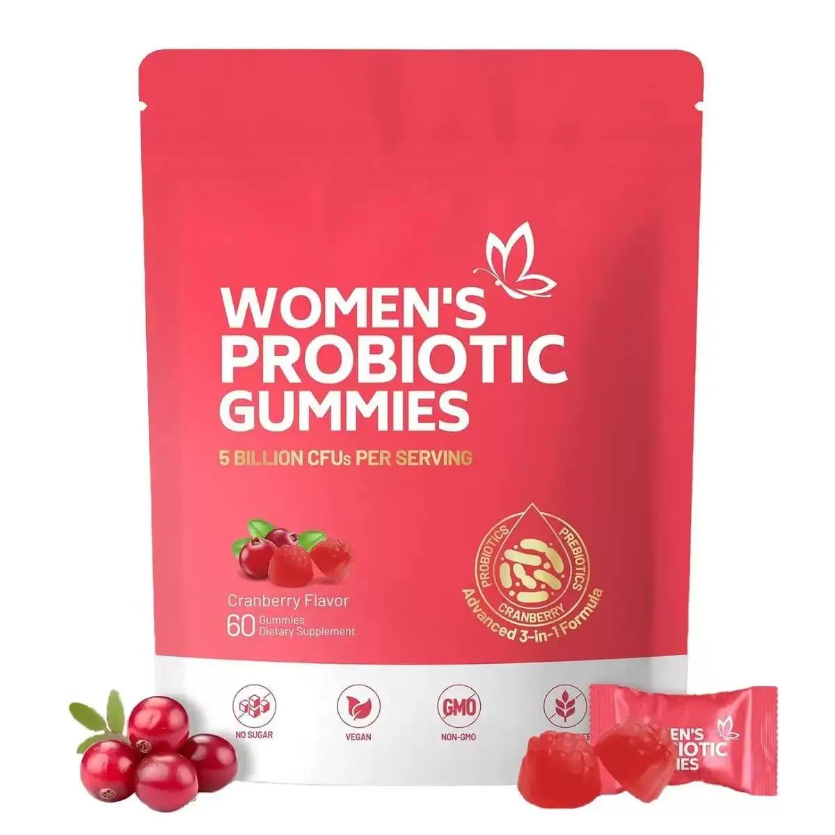 Women's Probiotic Gummies Cranberry Flavor 60 Count 5 Billion CFUs Sugar-Free Vegan Non-GMO